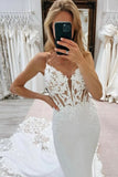 Satin Mermaid V Neck Spaghetti Strap Lace Appliques Wedding Dress, SW736 | vintage wedding dress | bohemian wedding dress | simple wedding dress | simidress.com