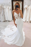 Satin Mermaid V Neck Spaghetti Strap Lace Appliques Wedding Dress, SW736