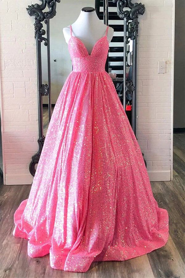 Shiny Hot Pink A-line V-neck Backless Long Prom Dresses, Evening Gown, SLP008 | prom dress stores | prom dresses near me | new arrival prom dress | simidress.com