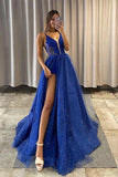 Shiny Royal Blue A-line V-neck Long Prom Dresses With Lace Appliques, SP992