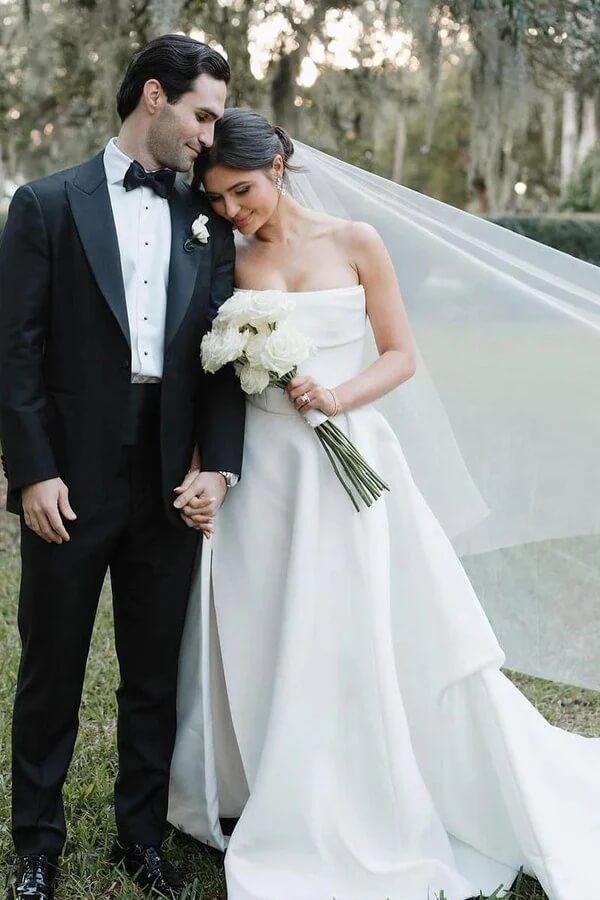 Simple White Satin A Line Strapless Wedding Dresses With Slit, Bridal Gown, SW711 image 2