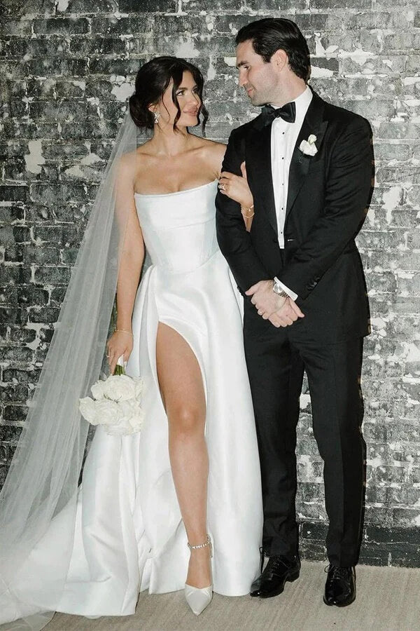 Simple White Satin A Line Strapless Wedding Dresses With Slit, Bridal Gown, SW711 image 1