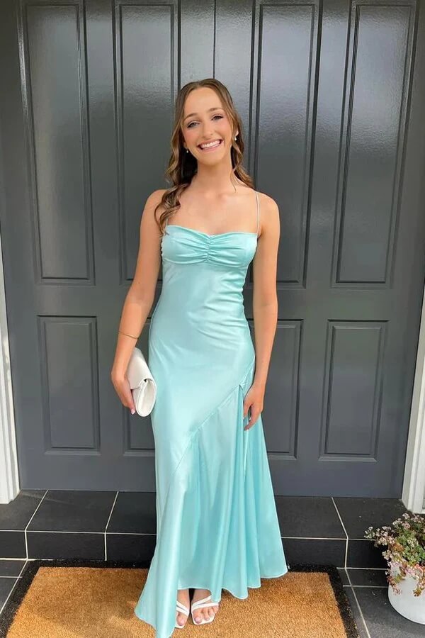 Simple Yellow Satin Spaghetti Straps Long Prom Dresses With Slit, SLP070 image 6