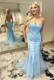 Sky Blue Tulle Mermaid Spaghetti Straps Scoop Neck Lace Prom Dresses, SLP003