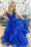 Sparkly Royal Blue Tulle A-line V-neck Multi-Layer Long Prom Dresses, SLP005 | simple prom dress | a line prom dress | new arrival prom dress | simidress.com