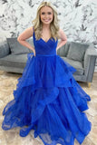 Sparkly Royal Blue Tulle A-line V-neck Multi-Layer Long Prom Dresses, SLP005