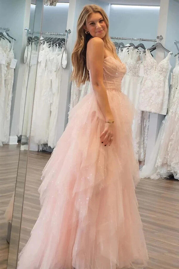 Stunning Light Pink Tulle Strapless Beaded Prom Dresses, Party Dress, SLP006 image 3