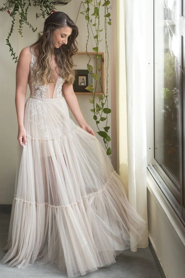 Tulle A Line Deep V-neck Lace Appliques Bohemain Wedding Dresses, SW731 image 3