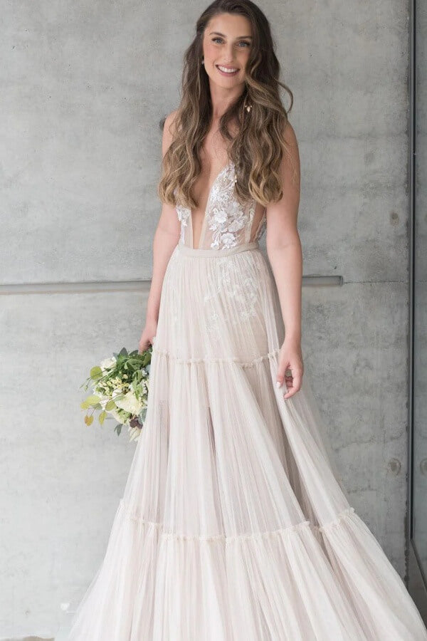 Tulle A Line Deep V-neck Lace Appliques Bohemain Wedding Dresses, SW731 image 4