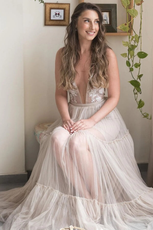 Tulle A Line Deep V-neck Lace Appliques Bohemain Wedding Dresses, SW731 image 5