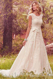 Tulle A Line Scoop Cap Sleeves Wedding Dresses With Lace Appliques, SW734