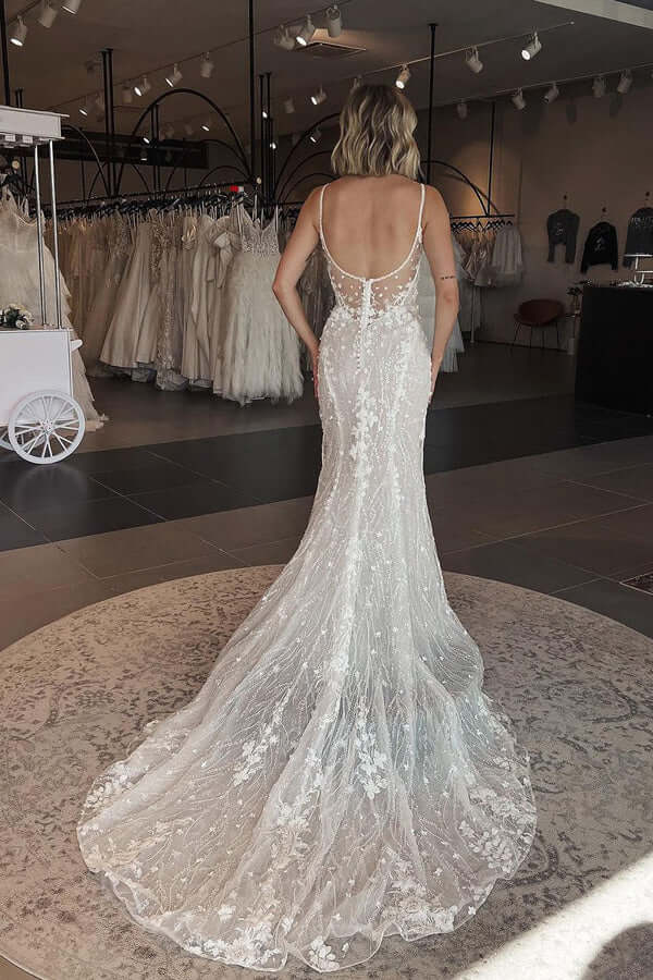 Tulle Mermaid Square Neck Lace Appliques Wedding Dresses With Train, SW733 image 2