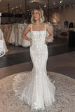 Tulle Mermaid Square Neck Lace Appliques Wedding Dresses With Train, SW733 image 1