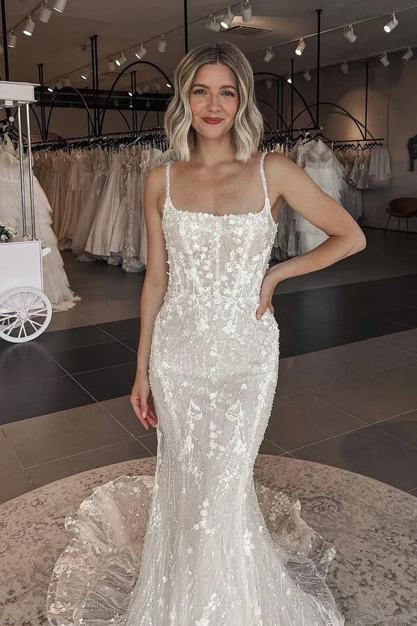 Tulle Mermaid Square Neck Lace Appliques Wedding Dresses With Train, SW733 image 3