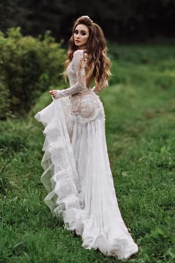 Tulle Mermaid V-neck Backless Long sleeves Lace Wedding Dresses, SW700 | cheap lace wedding dress | modest wedding dress | bridal gown | simidress.com