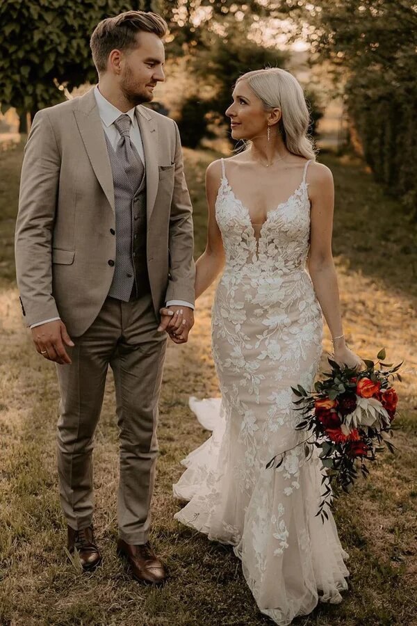 Tulle Mermaid V-neck Wedding Dresses With Lace Appliques, Bridal Dress, SW657 image 2