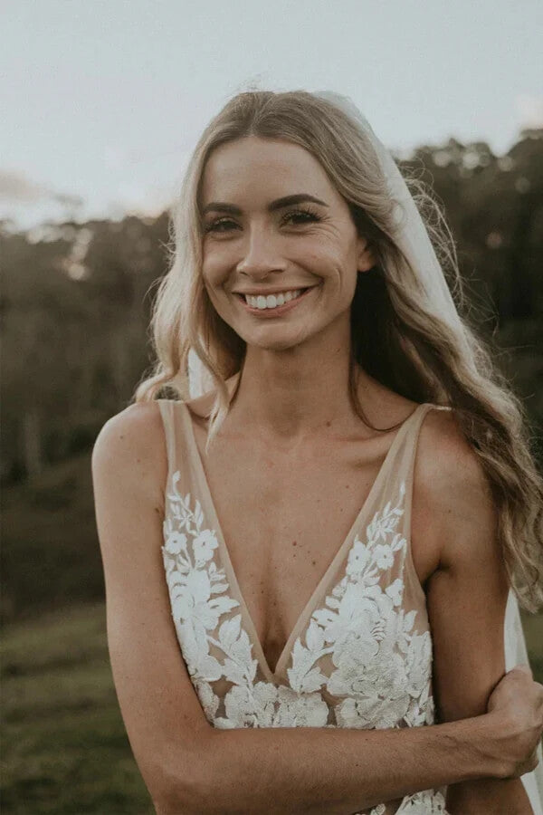Tulle Sheath V-neck Floral Lace Rustic Wedding Dresses, Wedding Gown, SW672 | v neck wedding dress | tulle wedding dress | wedding dress shops | simidress.com