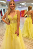 Yellow Tulle A-line Spaghetti Straps Lace Appliques Long Prom Dresses, SP991