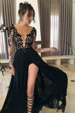 Fashion Black Long Sleeve Lace Prom Dress, Black Evening Dresses,Party Dresses