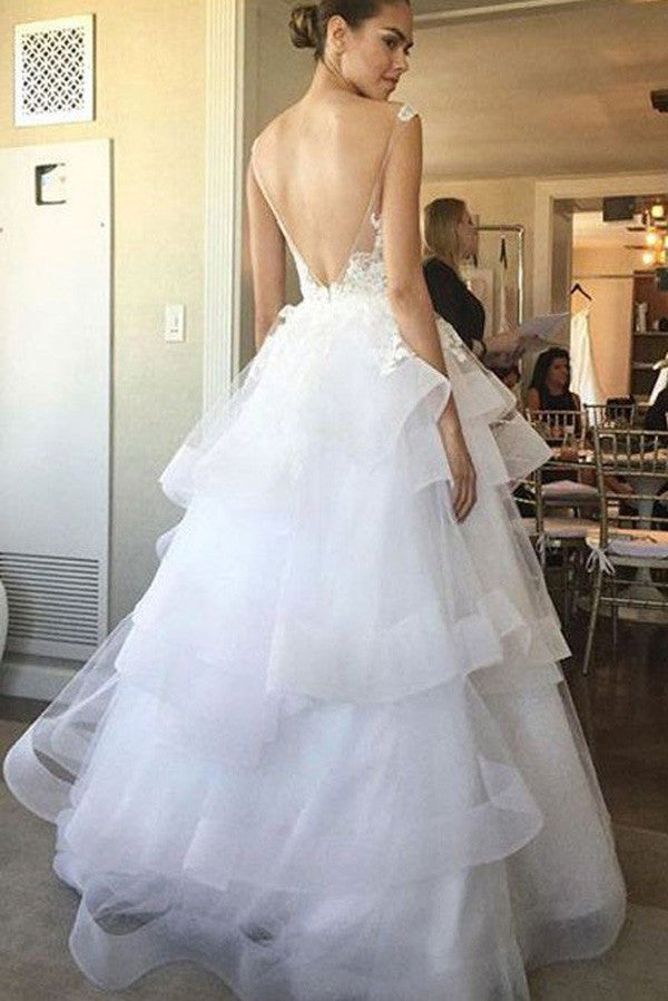 Lace Appliqued Bridal Gown,Ivory Organza Backless See-through Wedding Dress, SW24