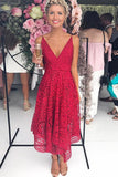 Simple Red A-line V-neck Spaghetti Straps Lace Bridesmaid Dresses, BD092