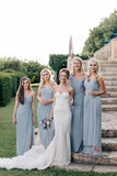 Dusty Blue One Shoulder Bridesmaid Dresses With Slit, Mother Of Bride Dress, BD107