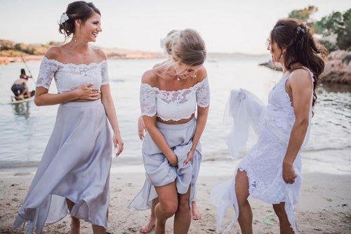 beach wedding bridesmaid dresses short Ombreprom Wedding Dress Simple Off Shoulder Short Sleeves Tulle Lace Beach Bridal Gown