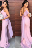 Lilac Open Back Satin Mermaid Floor Length Bridesmaid Dress With Bowtie, BD70