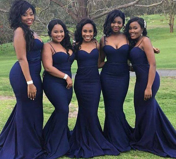 Navy Blue Satin Mermaid Sweetheart Bridesmaid Dress Spaghetti Straps –  Simidress