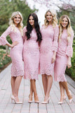 Pink Lace Knee Length Fashion Sheath Jewel Long Sleeves Bridesmaid Dress, BD73