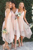 Navy Blue/Pink Deep V-neck Spaghetti Straps Sleeveless Lace A-line Bridesmaid Dress, BD74