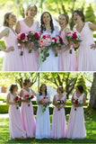 Long Pink A Line V Neck Chiffon Bridesmaid Dresses Cheap Bridesmaid Dress, BD84