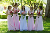 Long Pink A Line V Neck Chiffon Bridesmaid Dresses Cheap Bridesmaid Dress, BD84 at simidress.com