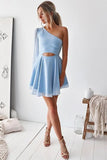 Baby Blue Chiffon One Shoulder Short Homecoming Dresses, Cocktail Dress, SH573 | short dresses for prom | homecoming dresses near me | blue homecoming dresses | www.simidress.com