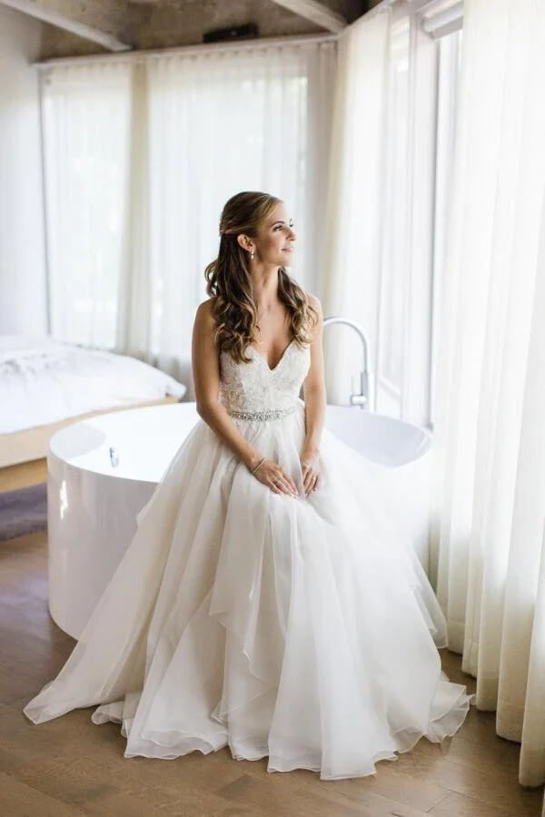 Beautiful A-line V-neck Spaghetti Straps Wedding Dresses With Crystals Belt, SW536 | a line wedding dress | lace wedding dress | vintage wedding dress | www.simidress.com