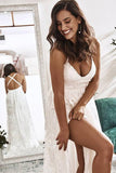 Beautiful Ivory Lace A-line V-neck Wedding Dresses, Bridal Dress with Slit, SW417 | lace wedding dress | cheap wedding dress | beach wedding dress | lace wedding gown | boho wedding dress | bridal gown | www.simidress.com