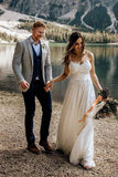 Beautiful Lace A-line Spaghetti Straps Sweep Train Beach Wedding Dresses, SW428