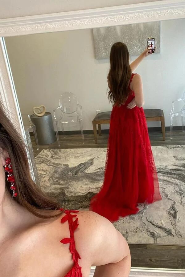 Beautiful Tulle A-line Sweetheart Lace Appliques Prom Dresses With Slit, SP841 | lace prom dresses | long formal dresses | evening gown | simidress.com