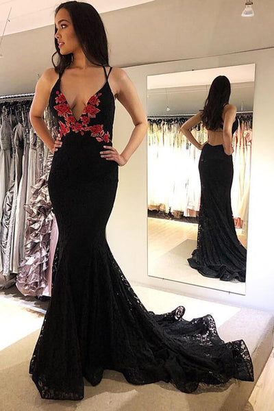 Sexy Mermaid Spaghetti Straps Black Prom Dresses C58 main image 1