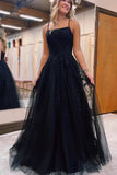 Black Tulle Lace Spaghetti Straps Backless Prom Dresses, Evening Dresses, SP926