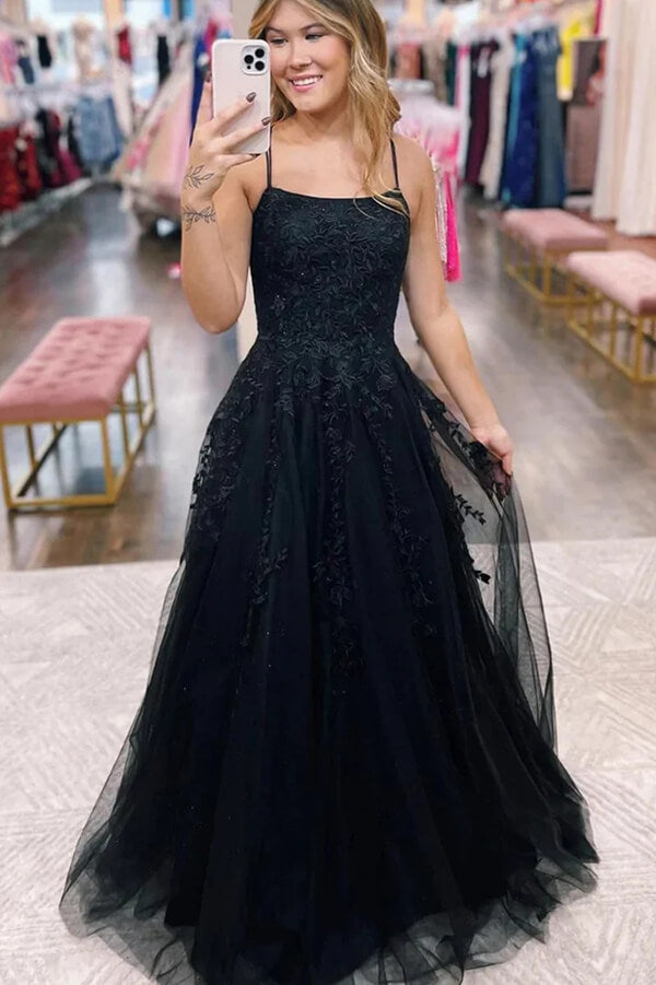 Black Tulle Lace Spaghetti Straps Backless Prom Dresses, Evening Dresses, SP926 | simple prom dresses | new arrivals prom dresses | long formal dresses | simidress.com