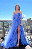 Blue Tulle A-line Princess Puff Sleeves Pleated Prom Dresses, Evening Gown, SP860