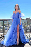 Blue Tulle A-line Princess Puff Sleeves Pleated Prom Dresses, Evening Gown, SP860 | blue prom dresses | cheap long prom dresses | a line prom dress | simidress.com