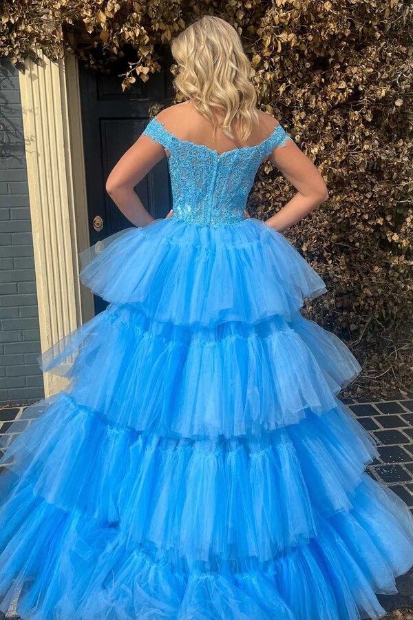 Blue Tulle High-Low Lace Top Off Shoulder Tiered Prom Dress, Party Dress, SP918 | blue prom dress | evening gown | cheap long prom dress | simidress.com