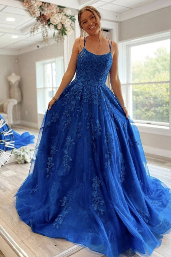 Blue Tulle Lace A-line Scoop Lace Up Long Prom Dresses, Evening Gown, SP747 | blue prom dresses | cheap prom dresses | tulle prom dresses | www.simidress.com