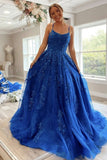 Blue Tulle Lace A-line Scoop Lace Up Long Prom Dresses, Evening Gown, SP747