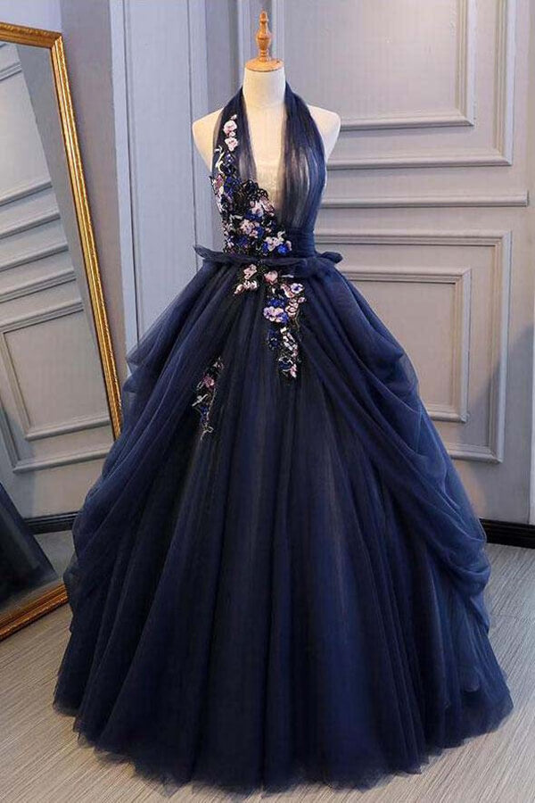 Blue Tulle Lace Ball Gown Deep V-neck Backless Prom Dresses, Evening Dress, SP765 | blue prom dresses | long prom dresses | cheap prom dresses | www.simidress.com