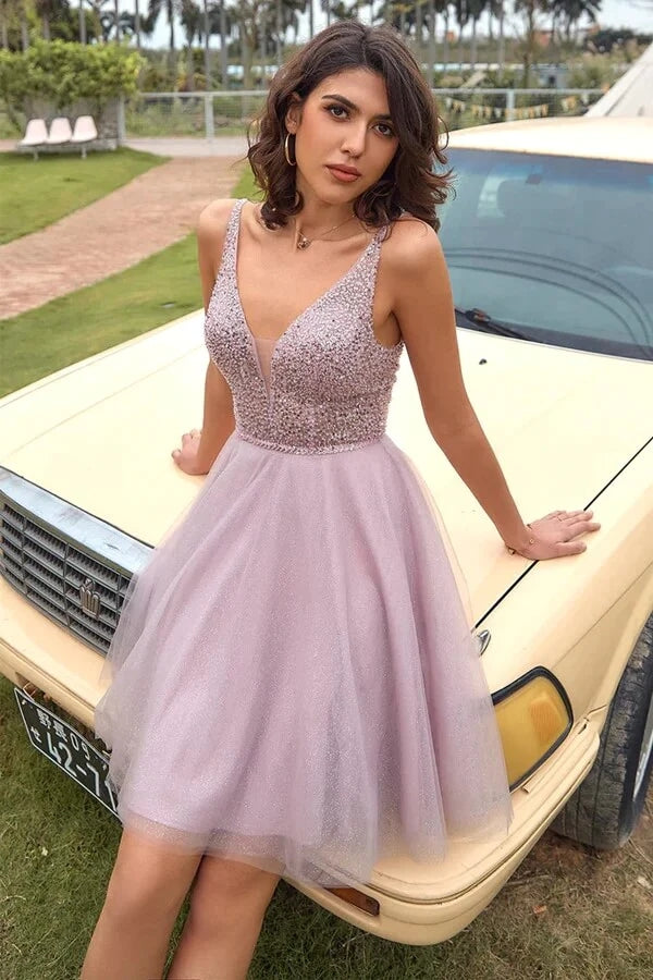 Blush Pink Sequins A-line Open Back Homecoming Dress, Short Prom Dresses, SH594 | school event dress | short party dresses | graduation dresses | simidress.com