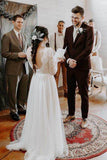 Boho Lace A-Line Backless Round Neck Long Sleeves Wedding Dresses, SW431 | tulle wedding dresses | a line wedding dress | bridal gowns | www.simidress.com
