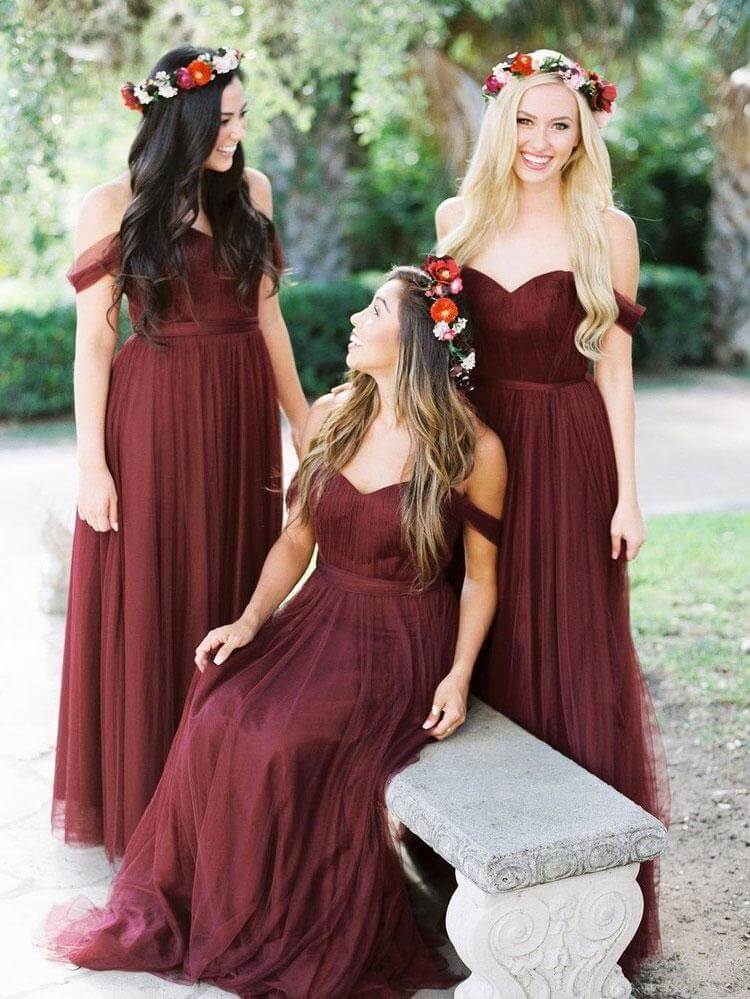 Burgundy Off Shoulder Tulle Different Bridesmaid Dresses Long, BD87 | burgundy bridesmaid dresses | cheap bridesmaid dresses | long bridesmaid dresses | wedding guest dresses | www.simidress.com